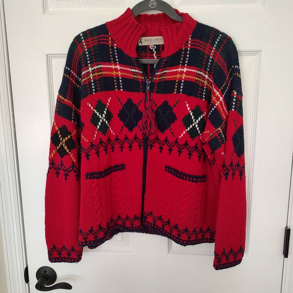 Vintage Marsh Landing Hand Knit Sweater 90s Argyle Plaid Red Zip Up Cotton Ramie